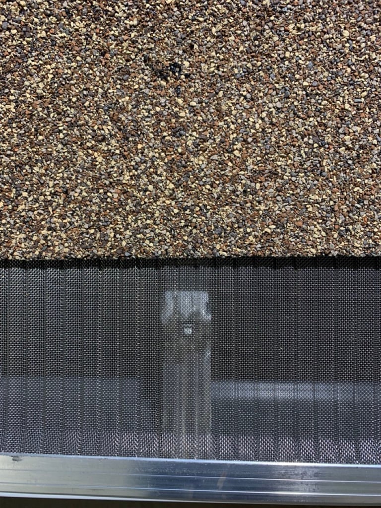 Window screen showing bird silhouette against textured exterior wall with gravel or pebbled surface