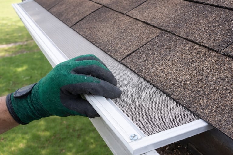 Gloved hand installing gutter guard mesh on white rain gutter below asphalt shingle roof